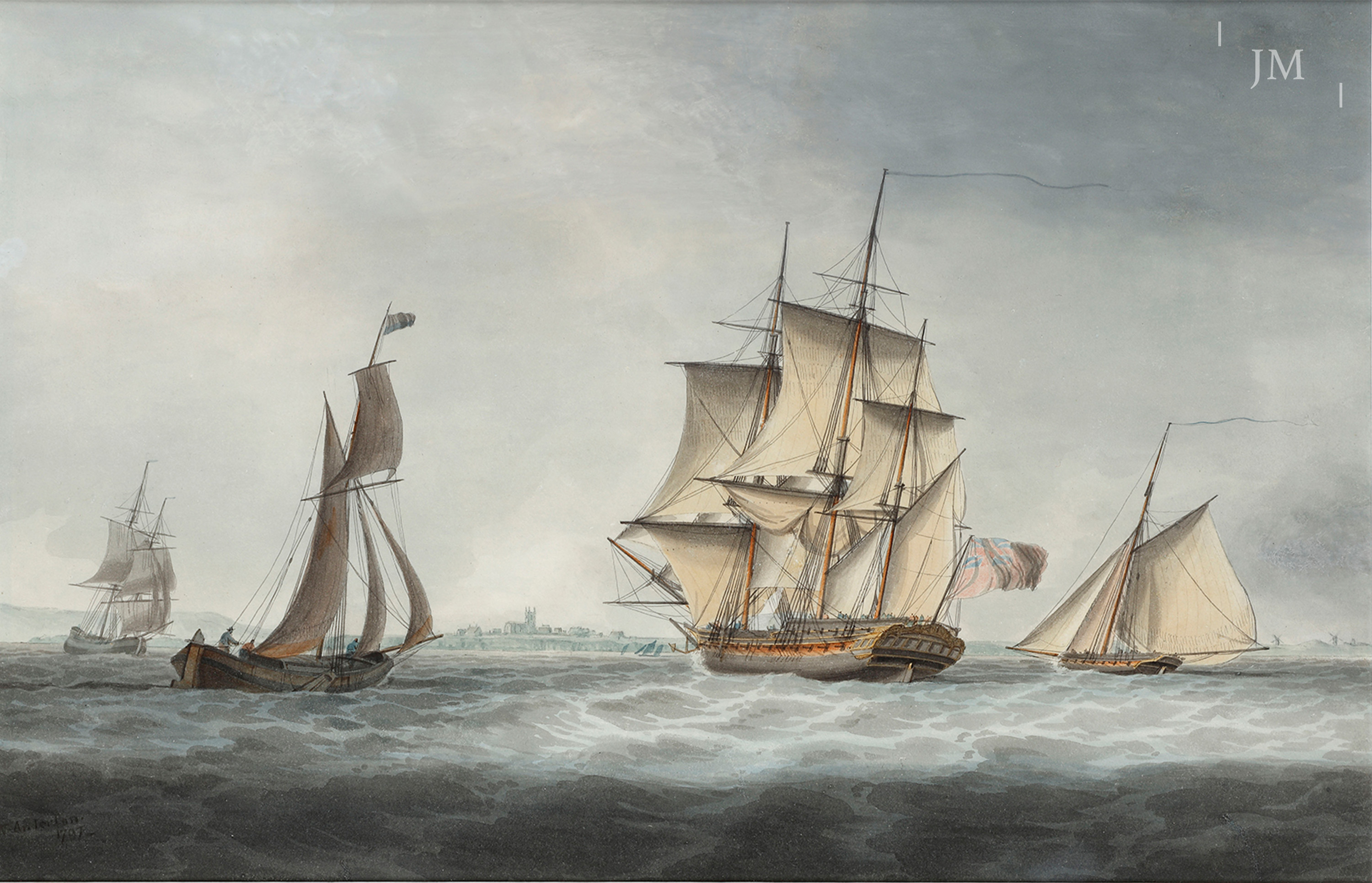 A small frigate and other vessels offshore